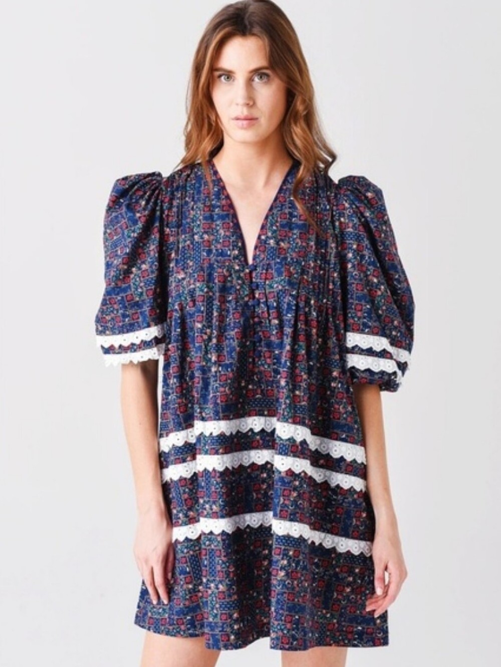 HUNTER BELL Navy Multi-Print Puff Sleeve Mini Dress with White Lace Trim